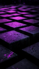 Iridescent purple cubes in staggered geometric gridscape.