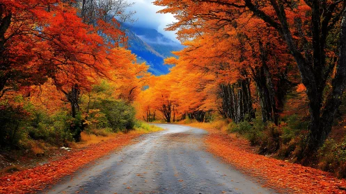 Curving forest road framed by vivid orange autumn foliage.