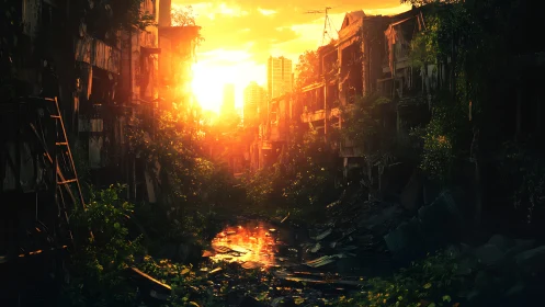 Post-apocalyptic urban ravine at sunset, digital painting study.