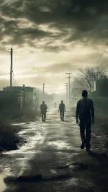 Silhouetted figures walk down wet deserted street at dusk