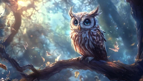 Enchanting Owl with Blue Eyes in Magical Forest Fantasy Artwork.
