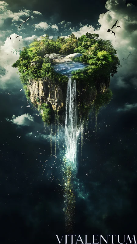 Floating Island Dystopia: Architectural Levitation with Waterfall Cascade.