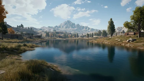 Mountain lake with scattered cabins under clear sky.