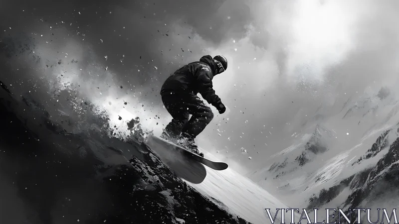 Snowboarder carving bold lines through stormy mountain air.