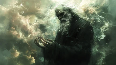 Ancient robed sorcerer shapes swirling stormlit clouds around hands