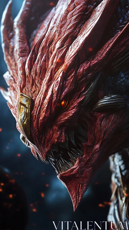 Detailed 3D render of fiery red alien dragon head creature.