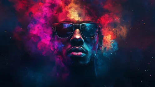 Digital portrait shows face with glasses amid diffuse color clouds