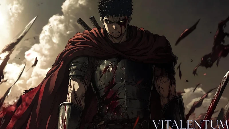 Blood-soaked armored warrior under storm-lit battlefield sky.