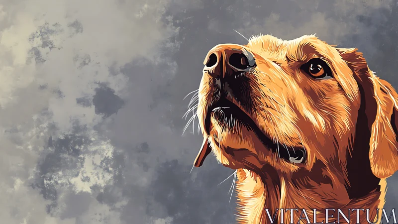 Golden dog gazing upward with soft hopeful brown eyes.