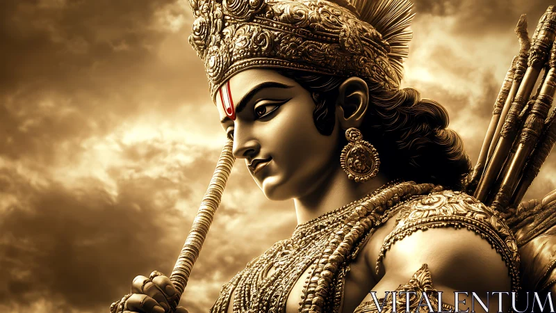 Gold-toned digital depiction of armed mythic archer figure.