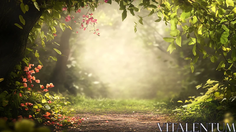 Garden pathway framed by blooming foliage with warm atmospheric lighting.