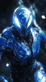 Blue cosmic guardian striding through a storm of starlight.