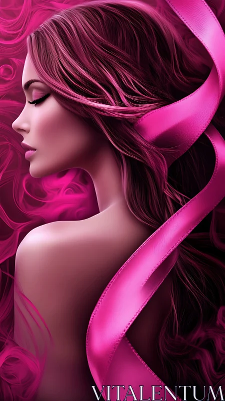 Digital portrait of woman with flowing pink ribbon profile.