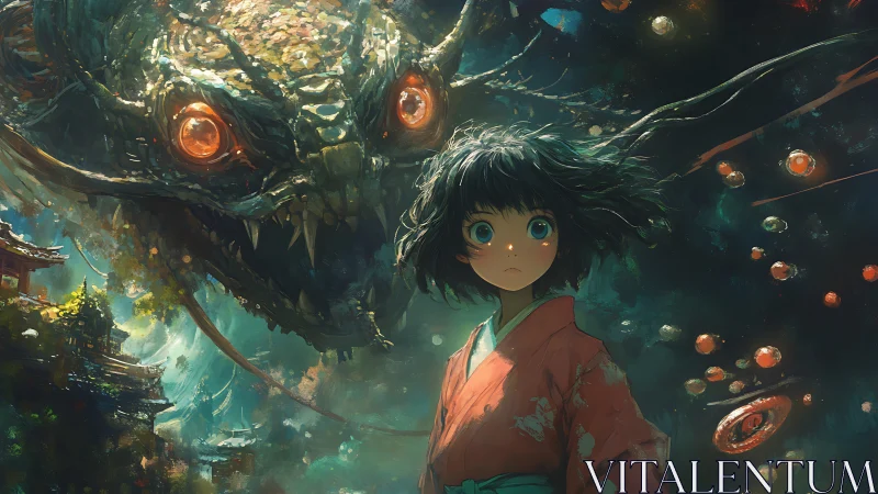 Girl in coral kimono faces glowing-eyed dragon spirit