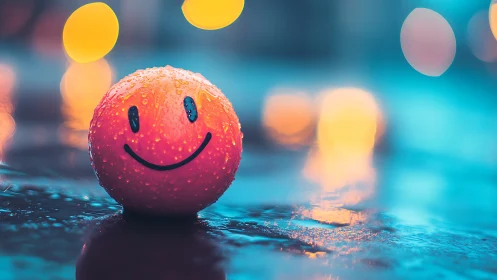 Smiley face ball on wet street with blurred city lights.