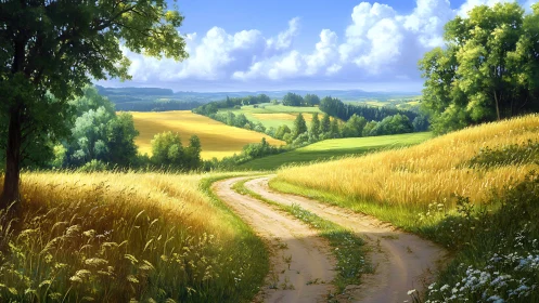 Curving dirt farm track through sunlit wheat fields at midday