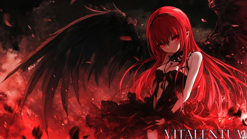 Red haired winged figure stands in high contrast red field