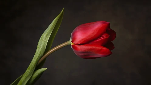 Red Tulip's Graceful Dance Against Shadows.