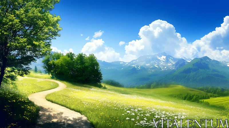 Curving path through bright wildflower meadow and mountains.