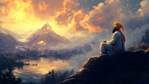 Mountain sage overlooking glowing valley at fiery sunset.