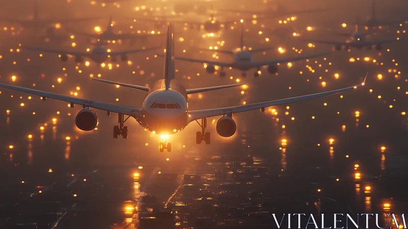 Sunlit airliner descends through glowing runway haze.
