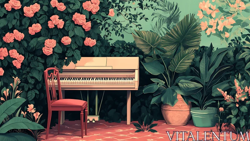 Garden piano daydream where roses listen to quiet songs.