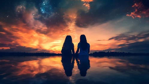 Warm sunset sky embracing two friends by quiet water.