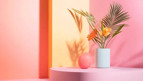 Sunny pastel still life with palm leaves and coral blooms.