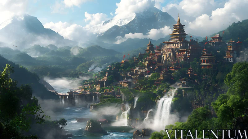 Mountain temple city rises above misty jungle waterfalls