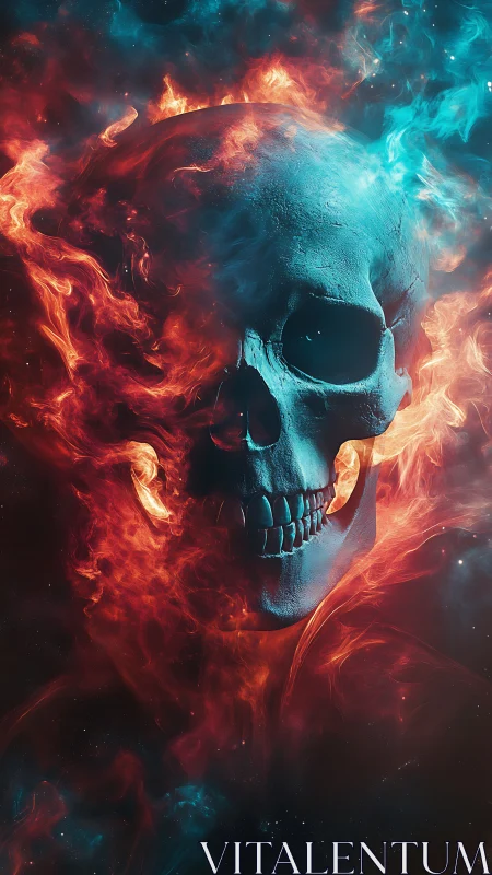 Flaming skull emerges in blue and red cosmic inferno.