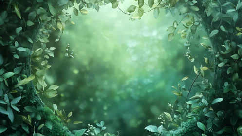 Lush forest canopy framing soft glowing clearing.