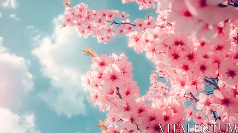 Pink flowering branches against turquoise sky with clouds.