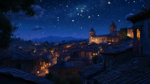 Nighttime hillside townscape shows tiled roofs under star field