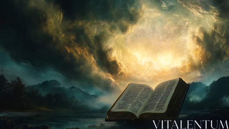 Open illuminated book lies before a bright cloud vortex