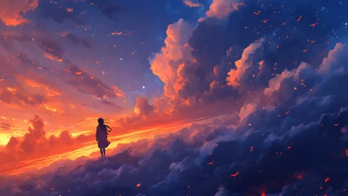 Solitary silhouette over blazing twilight cloud sea.