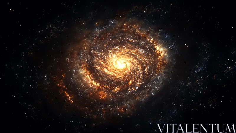 Spiral galaxy core glowing with dense golden star clouds.