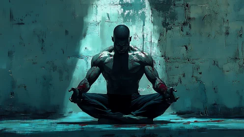 Calm warrior at rest in glowing teal urban stillness.