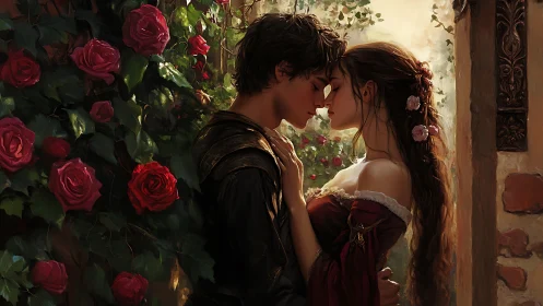 Romantic encounter among red roses in historical setting.