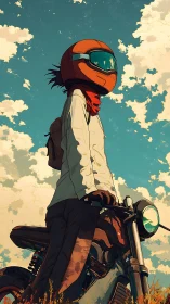 Motorcyclist stands over bike under clouded daytime sky