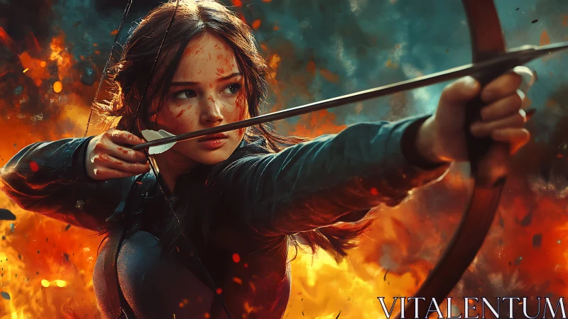 Fiery archer in dynamic draw amid explosive battlefield.