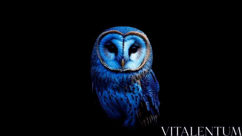 Striking blue owl portrait in digital art style on black background.