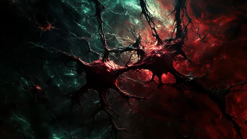 Neural nebula nodes entwined in crimson cosmic void.