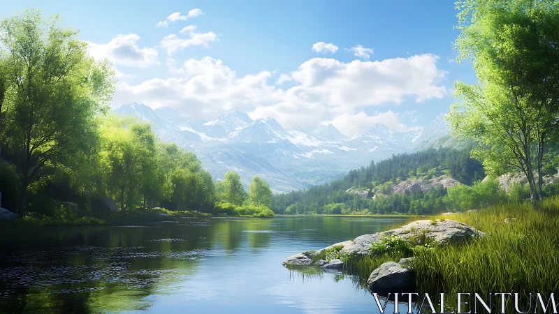 Mountain lake with reflective water and distant snow peaks.