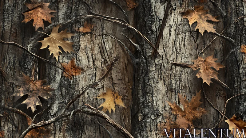 Autumn leaves and tangled vines weave quietly over rough bark