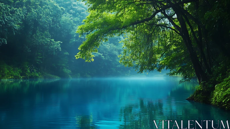 Quiet emerald trees leaning over a glassy blue lake.