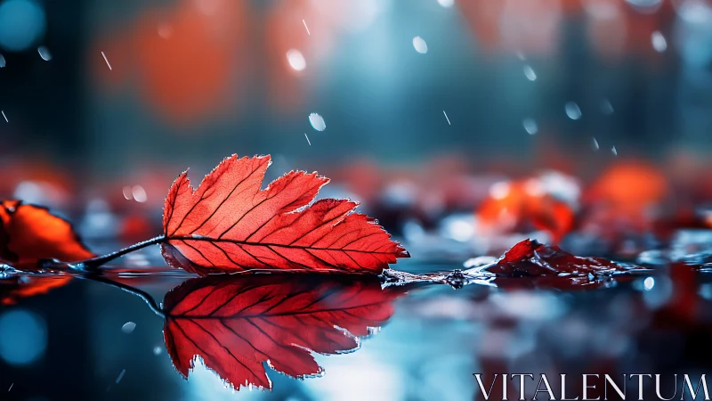Crimson autumn leaf reflected on wet surface in soft bokeh rain.