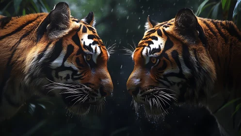 Two Bengal Tigers Face to Face in Rain.