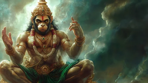 Radiant monkey warrior seated in a swirl of sacred light.