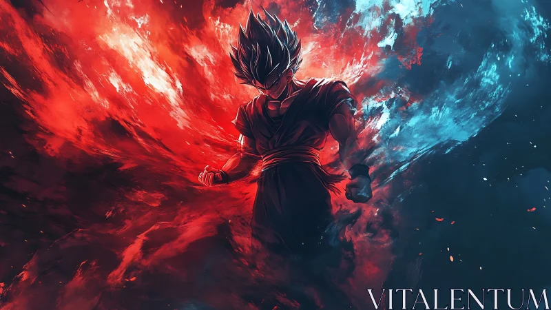 Energy warrior commands red and blue cosmic storm field.