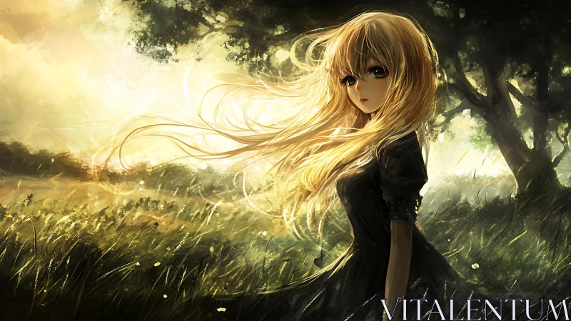 Girl with long blonde hair stands in a windy sunlit field